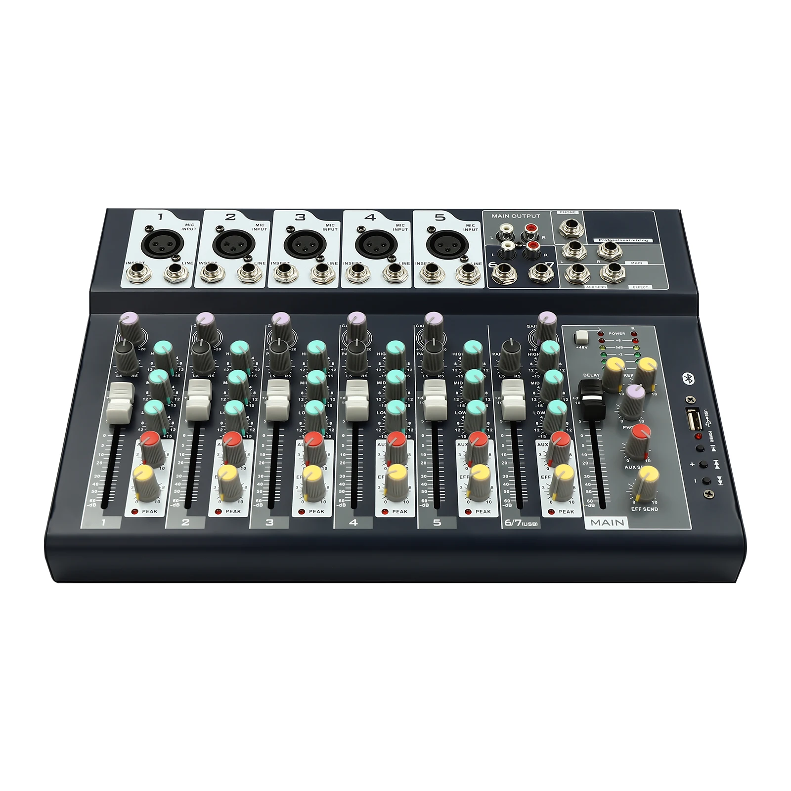 Mixer de áudio, 7 canais, conectividade Bluetooth e USB, pronto para OEM