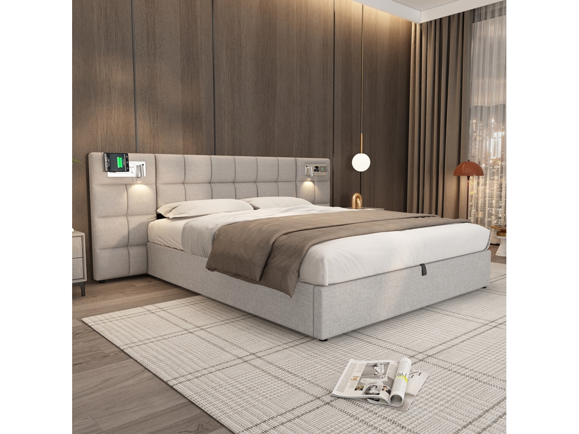 Cama Com Arrumação Estofada Hidráulica Usb Carregamento Sem Fio Lâmpada Pangshiyuan Madeira Linho Cinzento (180x200)