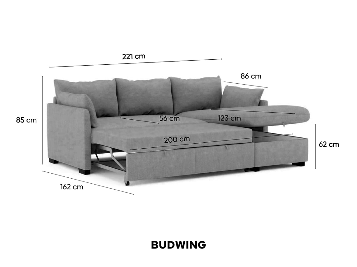 Sofá Cama 3 Lugares BUDWING Orlando Cinzento + Chaise c/ Arrumação Integrada (221 x 162 x 85 cm - Reversível Lado Direito/Esquerdo)