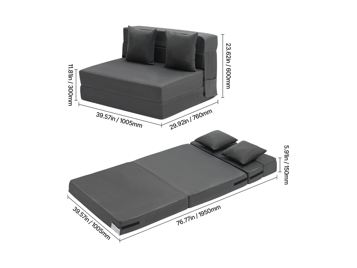 Sofá Cama Duplo 3 Em 1 Succebuy Com 2 Almofadas, Cinzento Escuro, Tamanho Único