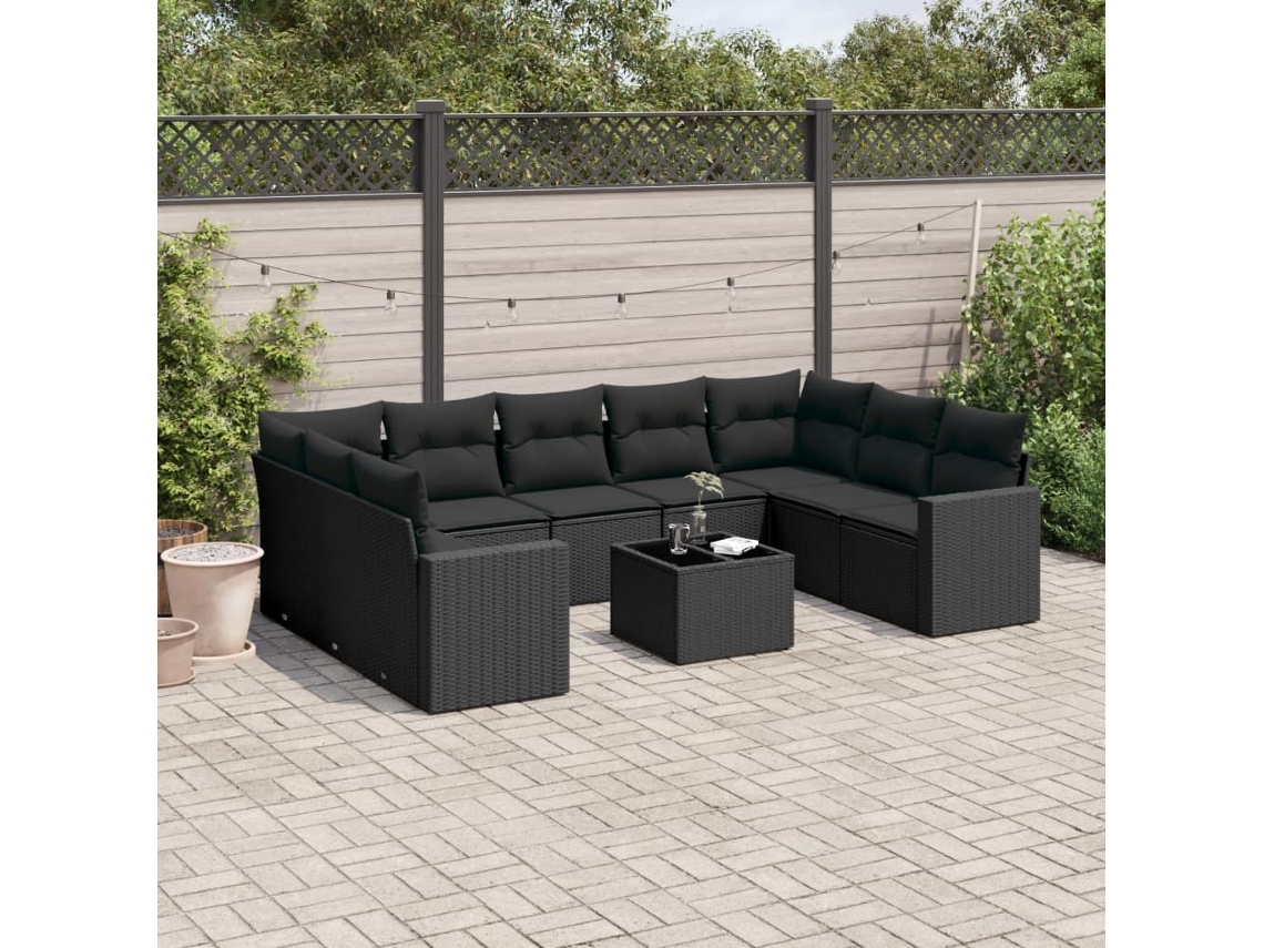 Conjunto 10 sofás de jardim c/ almofadões VIDAXL vime PE preto