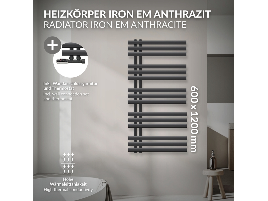 Radiador De Casa De Banho De Ligação Central 600x1200 Mm Antracite Luxebath