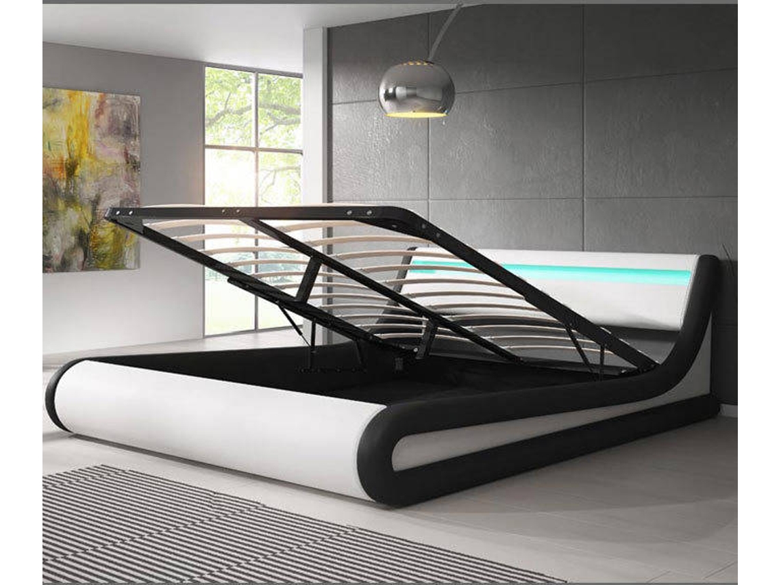 Cama com Colchão Parisina MÓVEIS BONITOS (Branco - Polipele - Colchão 150x190cm - com Estrado Elevatório)