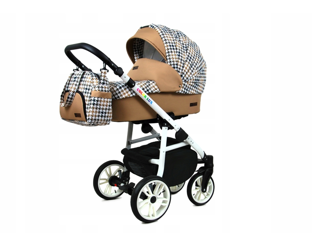 Carrinho de Bebé Multifuncional BABYLUX CLASSIC GOLD 4 Em 1 -Gold And Black Houndstooth WHITE FRAME - Ajustável e dobrável Construção leve em alumínio