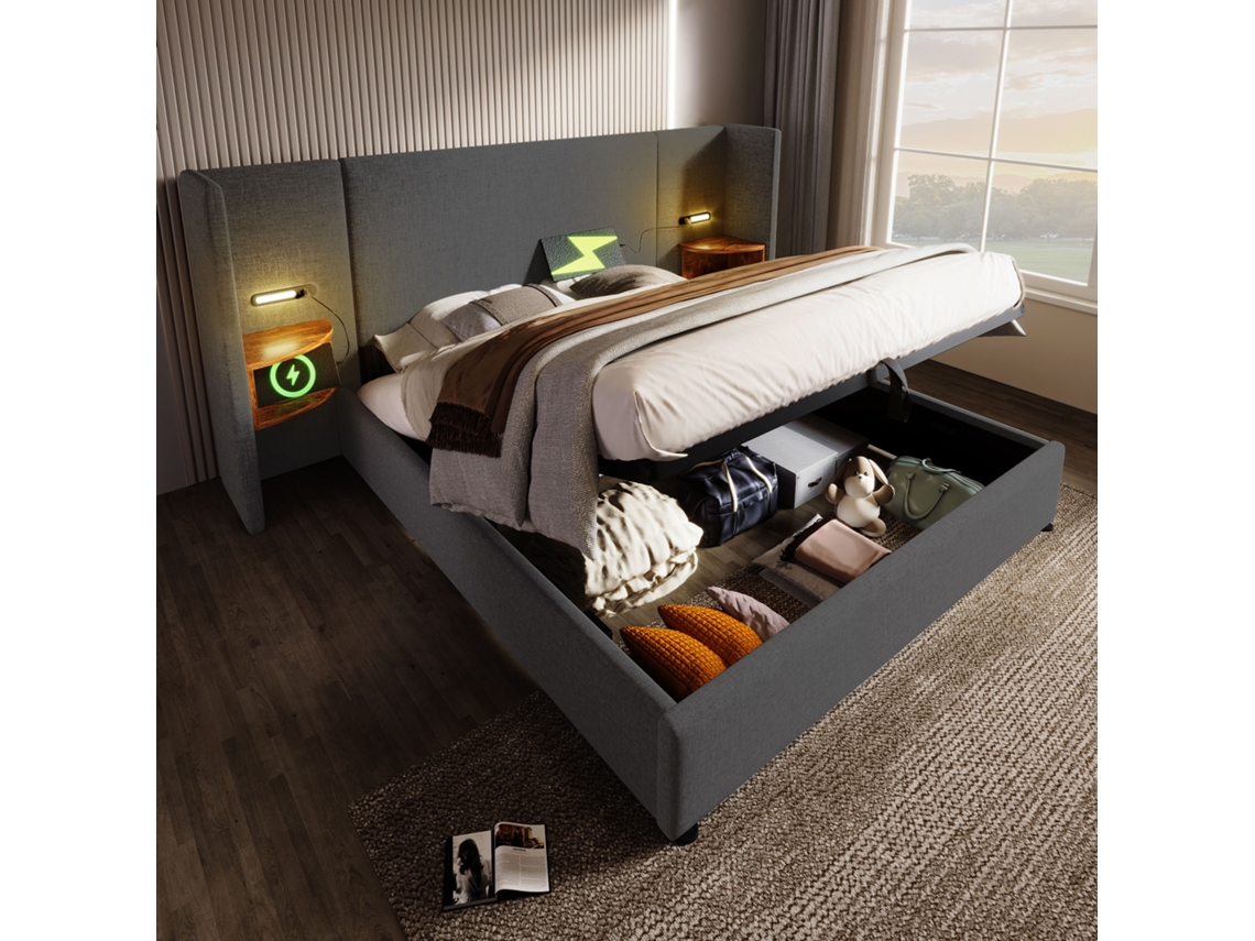 Cama Baú 160x200 Cm Em Linho - 2 Mesas De Cabeceira Com Luz De Leitura E Função De Carregamento - Com Estrado De Ripas - Cinza