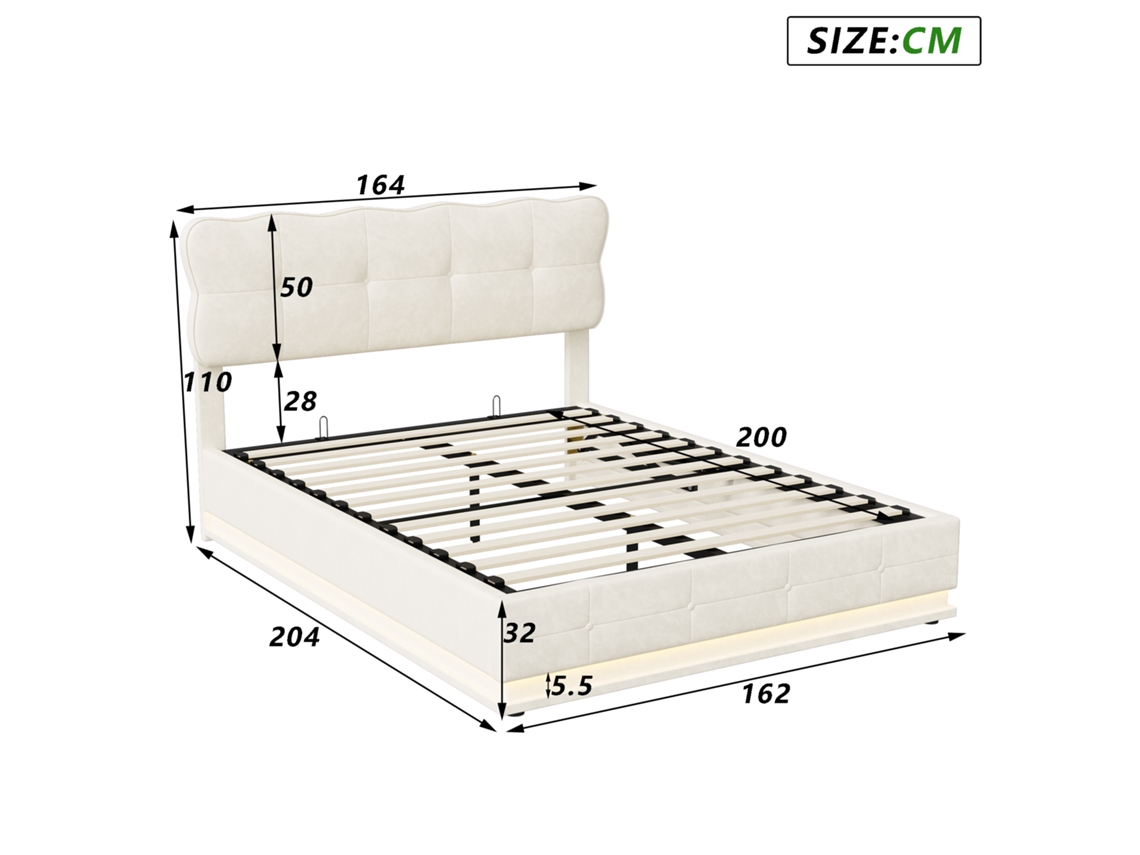 Cama De Casal 160 X 200 Cm, Cama Acolchoada Com Espaço De Arrumação E Estrado De Ripas, Cama Hidráulica Led, Veludo, Sem Colchão