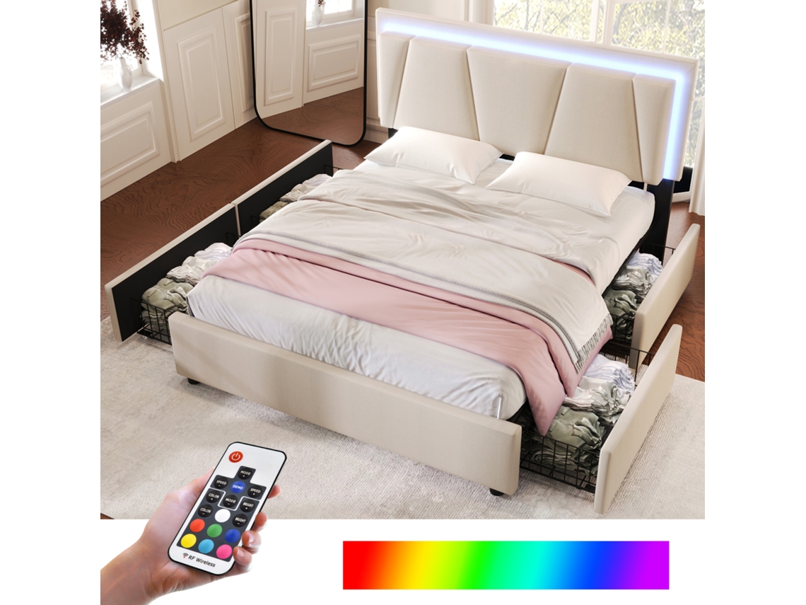 Cama Estofada Com Led E 4 Gavetas, Cabeceira De Altura Regulável, Cama De Casal 160x200cm, Bege Com Colchão
