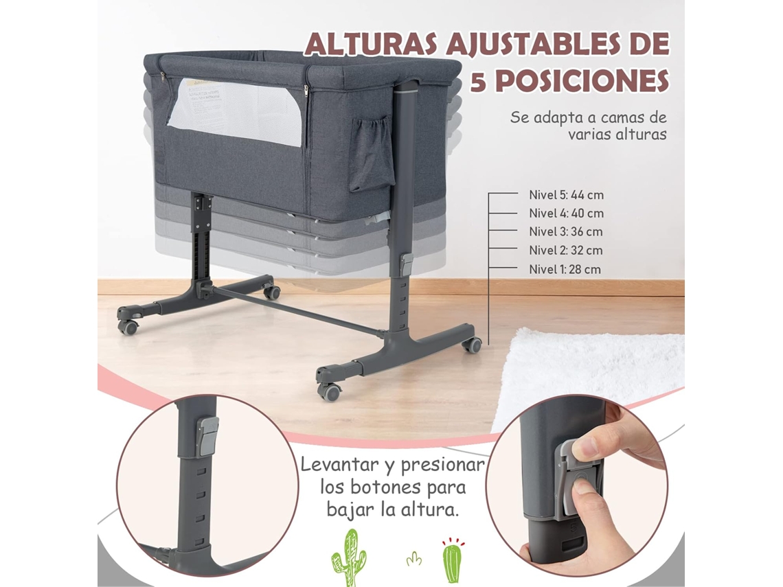 Berço Cama de Viagem 3 em 1 Altura Ajustável de 5 Camadas Inclinação de 10 Graus Colchão Confortável Malha Respirável COSTWAY