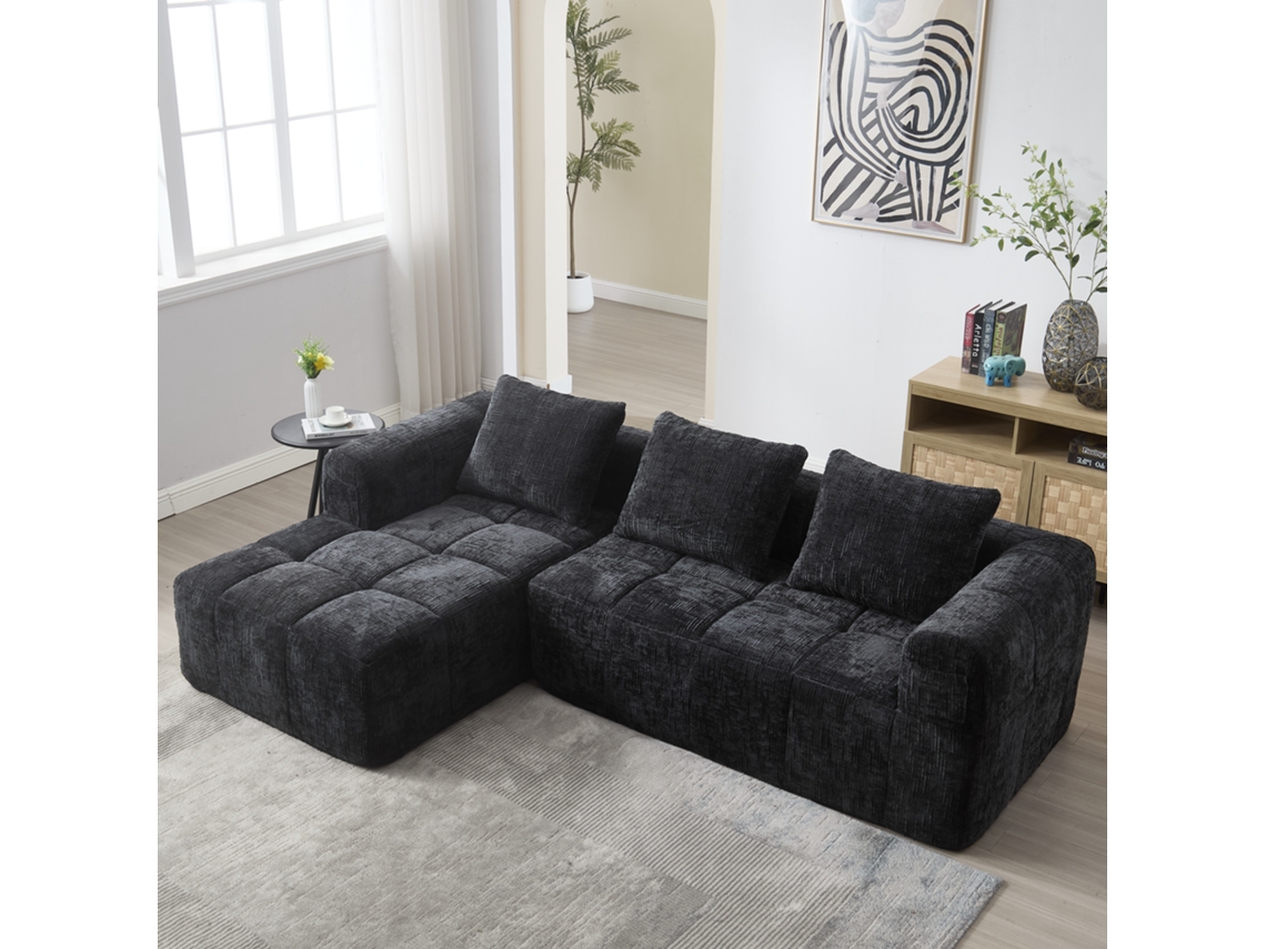 Sofá De Canto 3 Lugares Sem Montagem, Chaise Longue, Braços, 3 Almofadas, Bolsos Laterais Estilo Preto