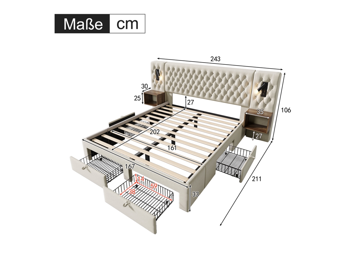 Conjunto Quarto Cama Casal Com 4 Gavetas Usb Led Mesas Cabeceira Veludo Bege (160x200cm)