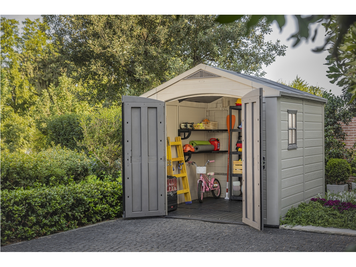 KETER Casa de Jardim Factor 8X8 ao ar livre abrigo de armazenamento exterior organização aço metal resina madeira 254x255x243 WxDxH cm
