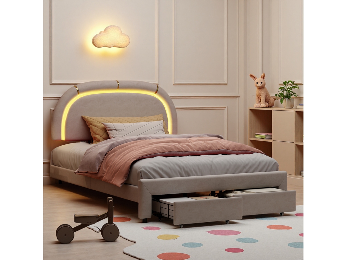 Cama Infantil Rosahqnda 140x200 Com Iluminação Led, Cabeceira Ajustável, 2 Gavetas, Cama De Solteiro, Cama Juvenil, Bege, Veludo, Sem Colchão