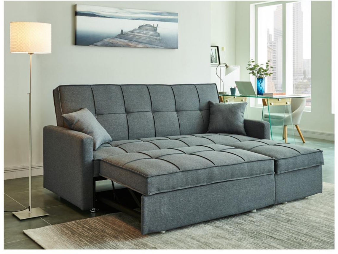 Sofá Cama Canetti VENTE-UNIQUE (Cinzento - Tecido e Veludo - 206x86x98 cm/Dimensões da cama: 180 – 199 cm)