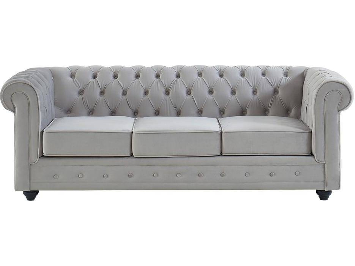 Sofá Fixo Chesterfield VENTE-UNIQUE (Cinzento Claro - Tecido e Veludo - 205x88x72 cm)