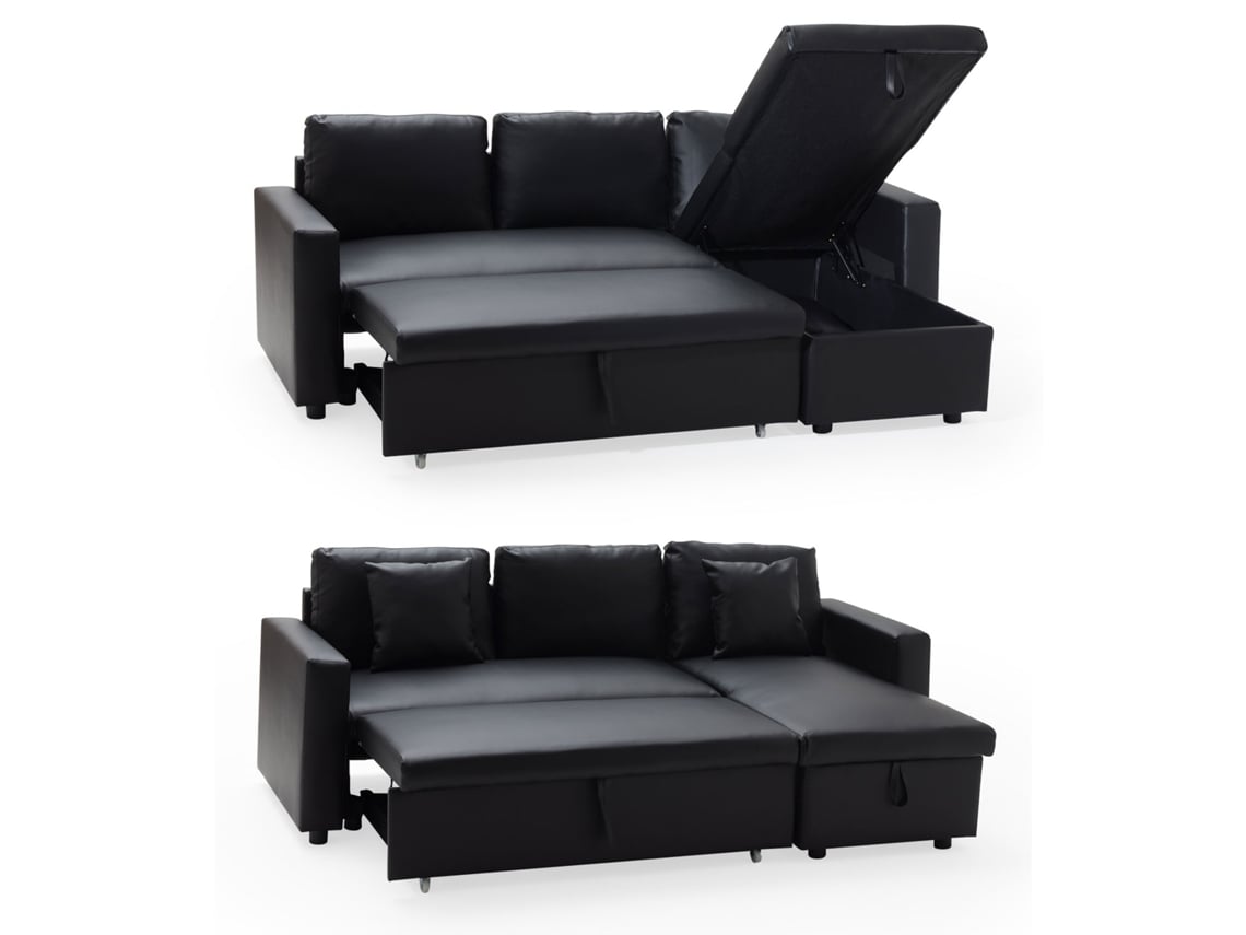 Sofá-Cama Imitação de Pele Clark 3 Lugares Preto (223 x 146 x 85cm)