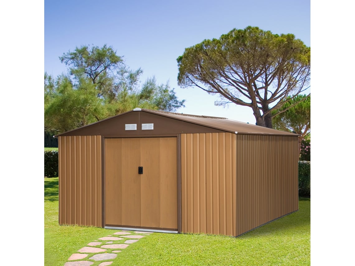 Abrigo de Jardim Aço galvanizado e PP cor Marrón 340x386x200cm OUTSUNNY