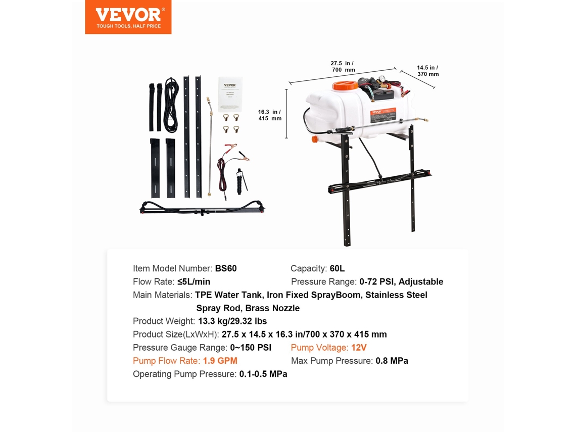 Pulverizador VEVOR Atv 60 L/15 9 Gal Atv/Utv Pulverizador Spot com Lança de Bico 1 9 Gpm
