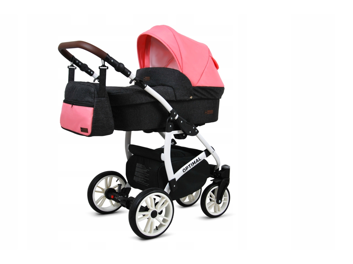 Carrinho De Bebé Multifuncional Babylux Optimal 4 Em 1 -black Coral White Frame - Ajustável E Dobrável Construção Leve Em Alumínio - Acessórios