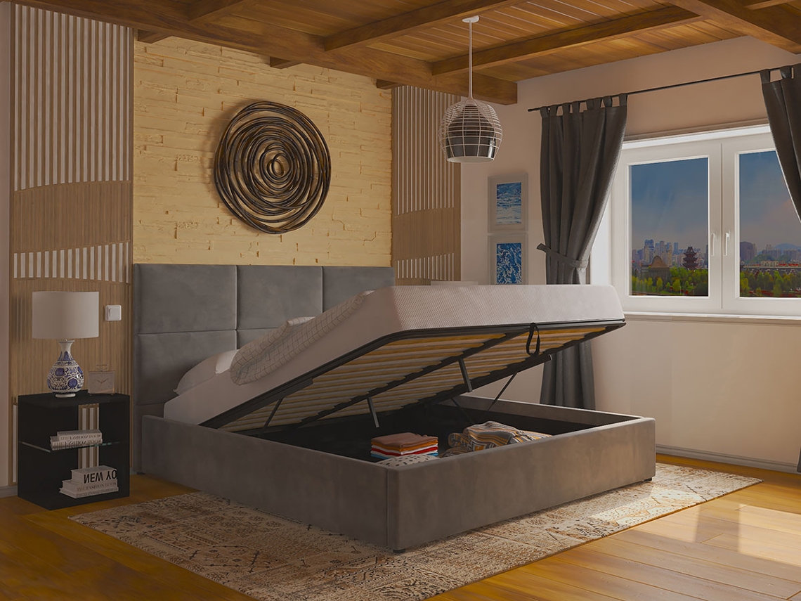 Cama De Casal Elegance, Estrado Elevatório (cinza)(190×140 Cm)