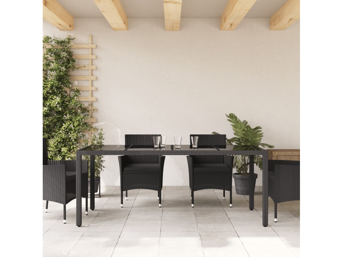 Mesa De Jardim 190x90x75 Cm Vime Pe Tampo De Vidro Preto