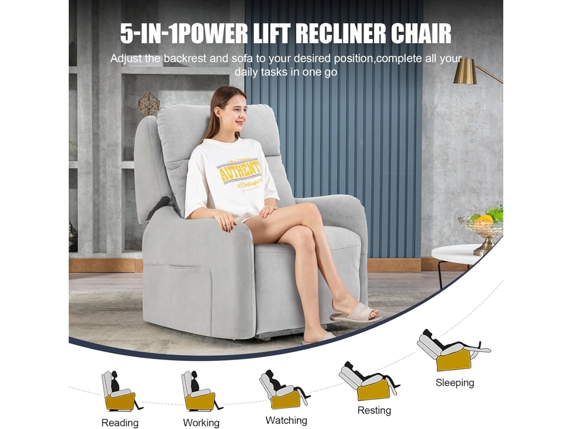 Cadeira COMHOMA de Relaxamento Eléctrica, Cadeira de Massagem com Elevador Elétrico, Cadeira Reclinável, Cadeira para TV, Tecido Cinza