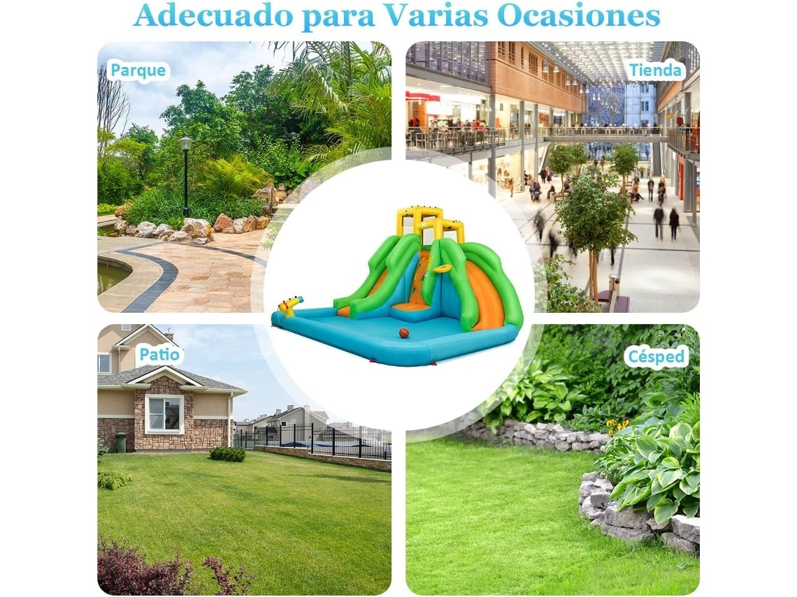 Casa de Saltos Insuflável Parque de Escorregas Aquáticos com Dois Escorregas Parede de Escalada Cesto de Basquetebol Piscina de Salpicos COSTWAY