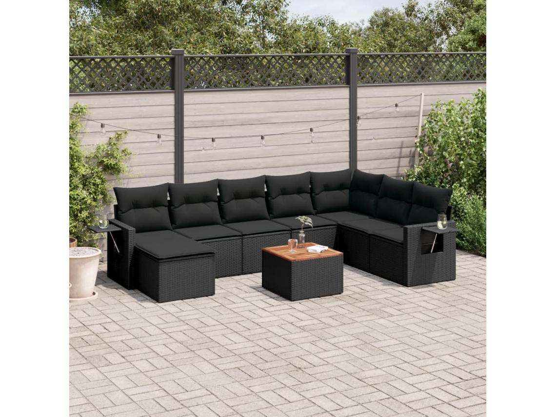 Conjunto 9 de sofás p/ jardim c/ almofadões VIDAXL vime PE preto