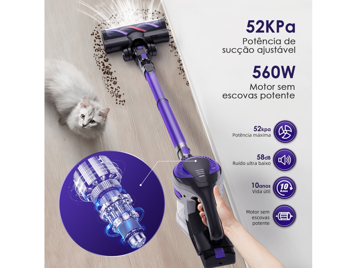 Aspirador Vertical Sem Fios 52000pa,560w Potente,60 Min De Autonomia,sistema Cyclone Com 8 Cones De Ar,aspirador Anti Ácaros,1.6l Adormii