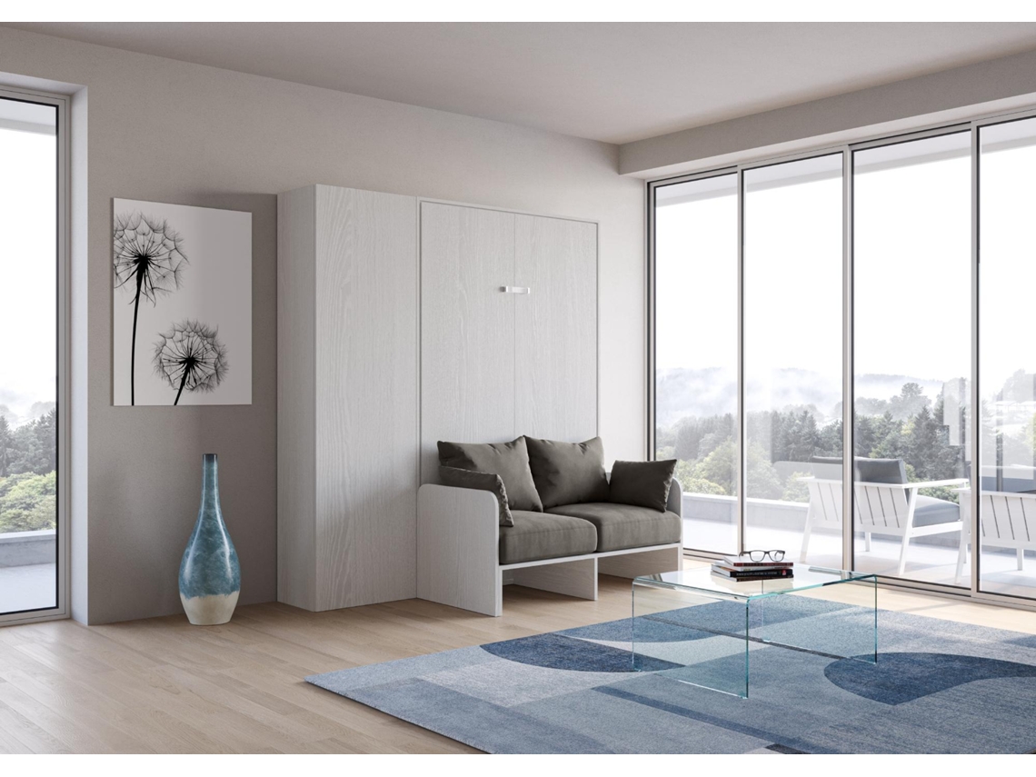 Cama Abatível 140 Vertical Sofà com Coluna ITAMOBY Kentaro Sofà (214 x 105 x 210 cm - Painéis em Melamina - Freixo Branco)