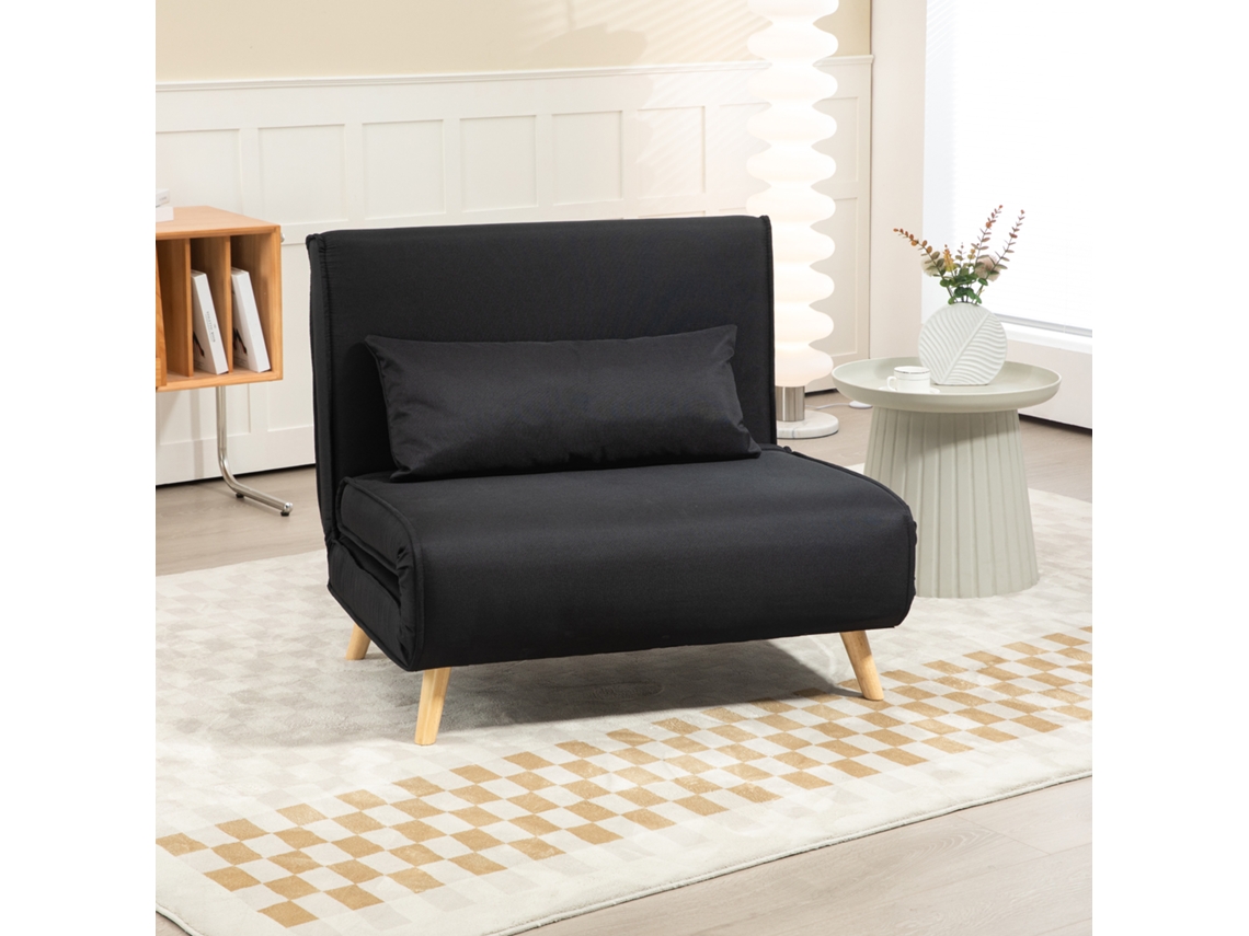 Cadeira Cama 2 Em 1 Com Encosto Ajustável, Estrutura Em Madeira, Tecido Tipo Linho, Ideal P/ Sala E Hóspedes, Preto Pangshiyuan (94x78x80cm)