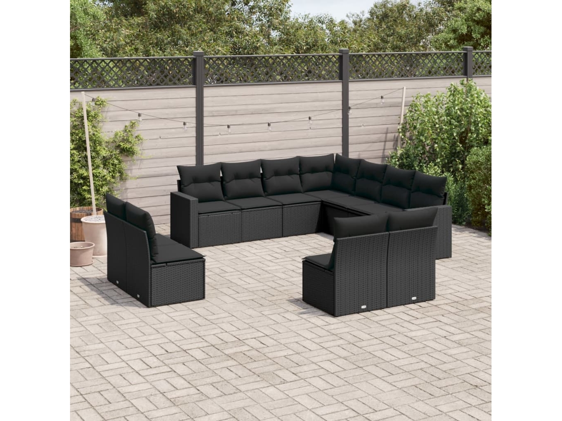 Conjunto 11 sofás de jardim c/ almofadões VIDAXL vime PE preto