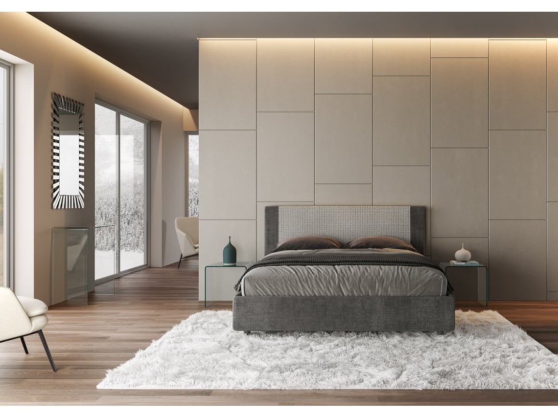 Cama de Casal Queen Size Con Estrado Estofada RosalITYHOME (160 x 200 cm - Painéis de Melamina e tecido)