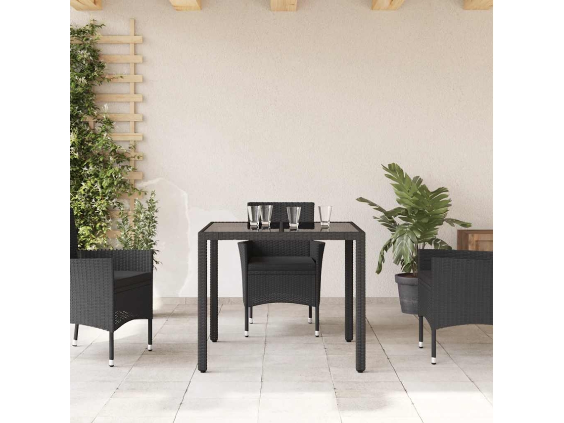 Mesa De Jardim 90x90x75 Cm Vime Pe Preto Com Tampo De Vidro