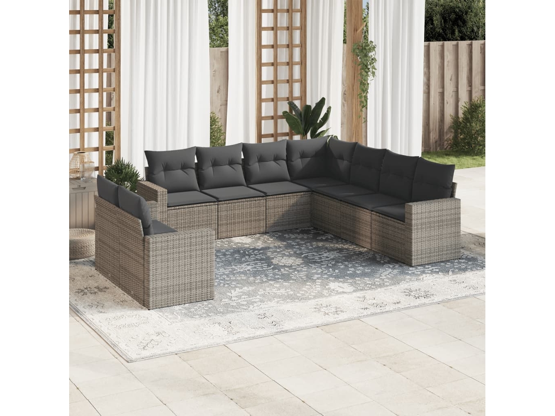 Conjunto 9 sofás p/ jardim com almofadões vime PE cinzento