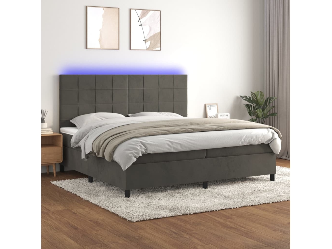 Cama Box Spring VIDAXL Colchão/LED (Cinzento - Veludo - 200 x 200 cm)