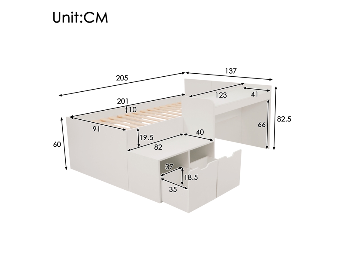 Cama De Solteiro Com Gavetas Escrivaninha Branca Ripas Pangshiyuan Madeira Maciça Branco (90x200)