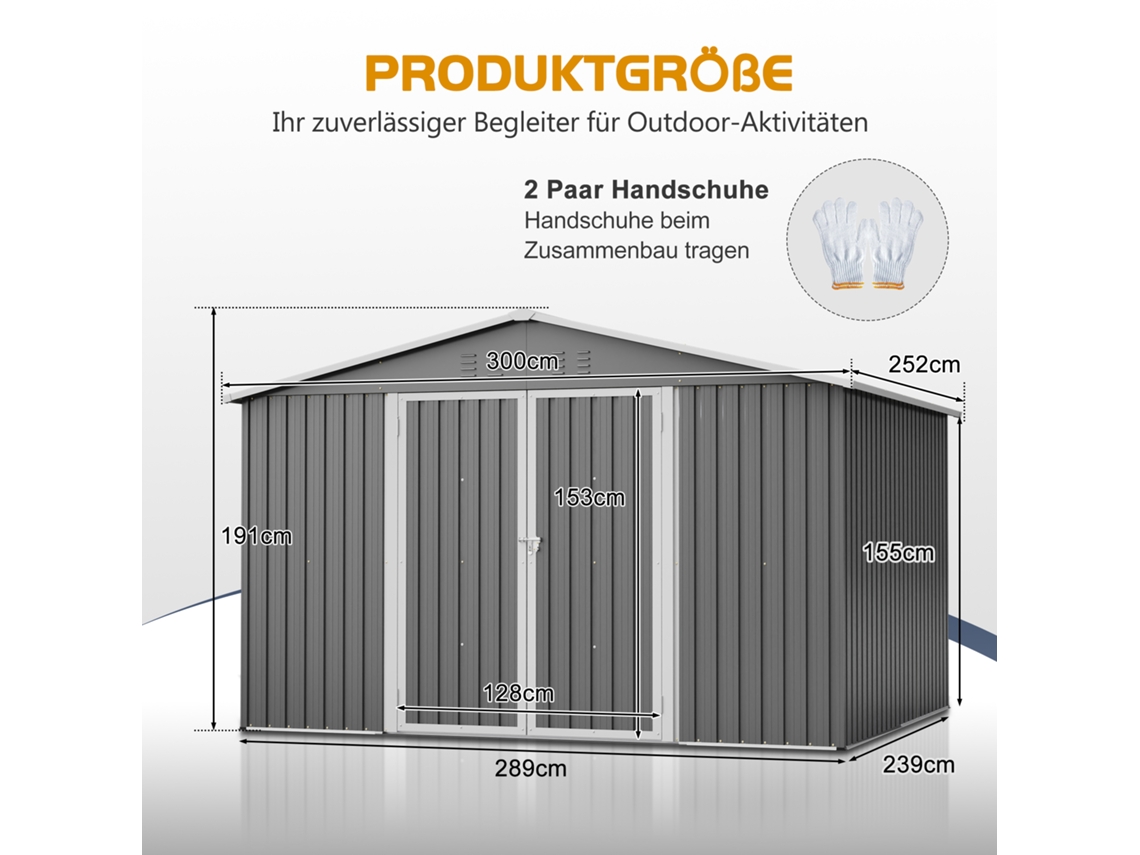 Casinha De Jardim Robusta Em Metal Com Telhado Inclinado Xxxl . Armazenamento Seguro Para Ferramentas De Jardim. Zkaka (300x252x191 Cm)
