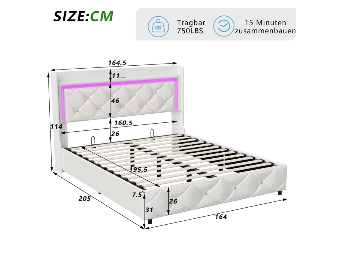 Cama Estofada De Casal 160 X 200 cm, Cama Com Espaço De Arrumação Hidráulico Com Iluminação Led E Função De Carregamento Usb