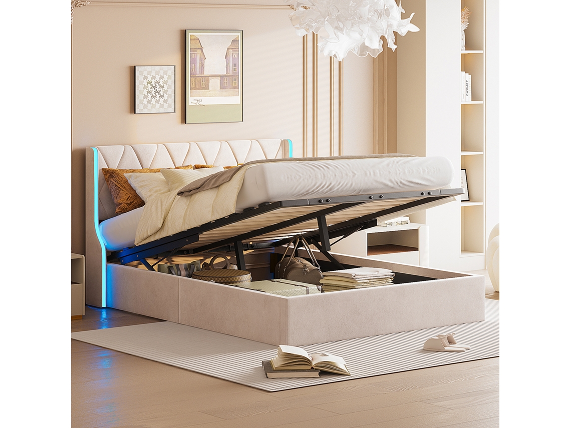 Cama Casal Led 140x200cm Com Armazenamento Hidrã¡ulico E Cabeceira De Veludo Bege