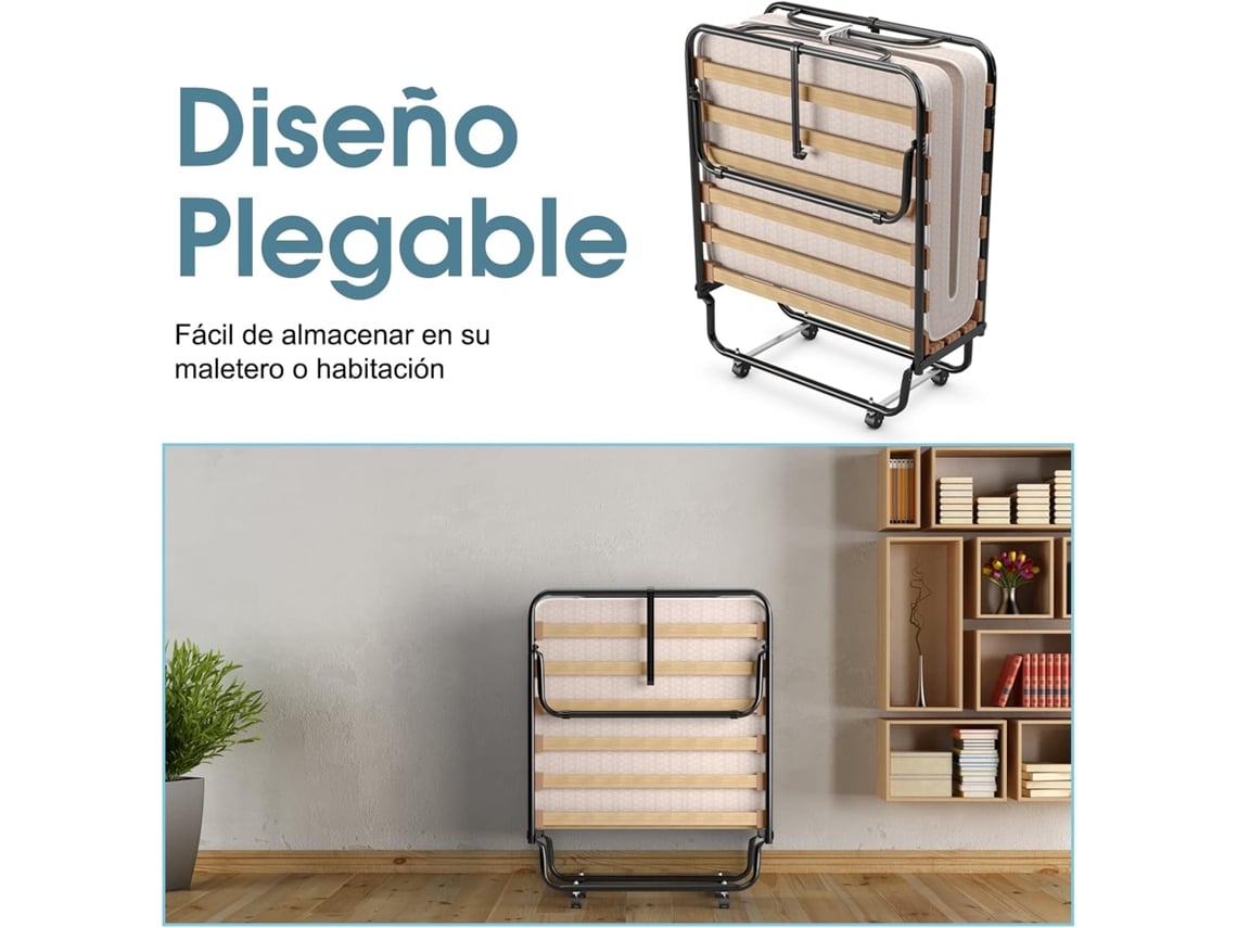 Cama Dobrável 80 X 190 Cm 4 Rodas Cama Extra Dobrável com Colchão de Espuma Viscoelástica de 10 Cm Estrutura Metálica COSTWAY