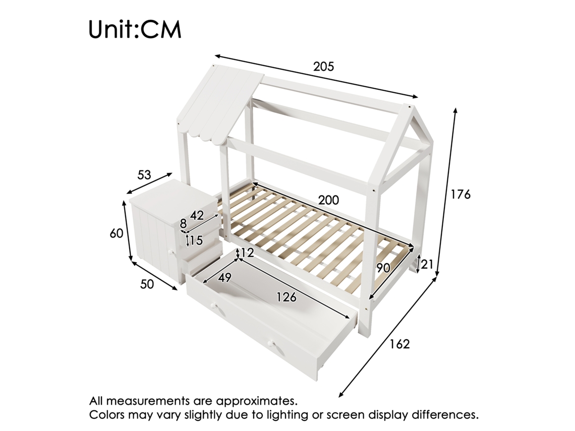 Casa Cama Cama Criança 90x200 Cm Feita De Madeira Maciça Com Gavetas Mesinha De Cabeceira Removível - Cama De Chão Em Branco, Sem Colchão