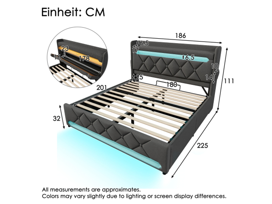 Cama De Casal Estofada 180200, Cabeceira Com Arrumação E Porta Usb E Tipo C, Função Led Surround 360º Na Cabeceira E Peseira, Camas Com Espaço De Ar
