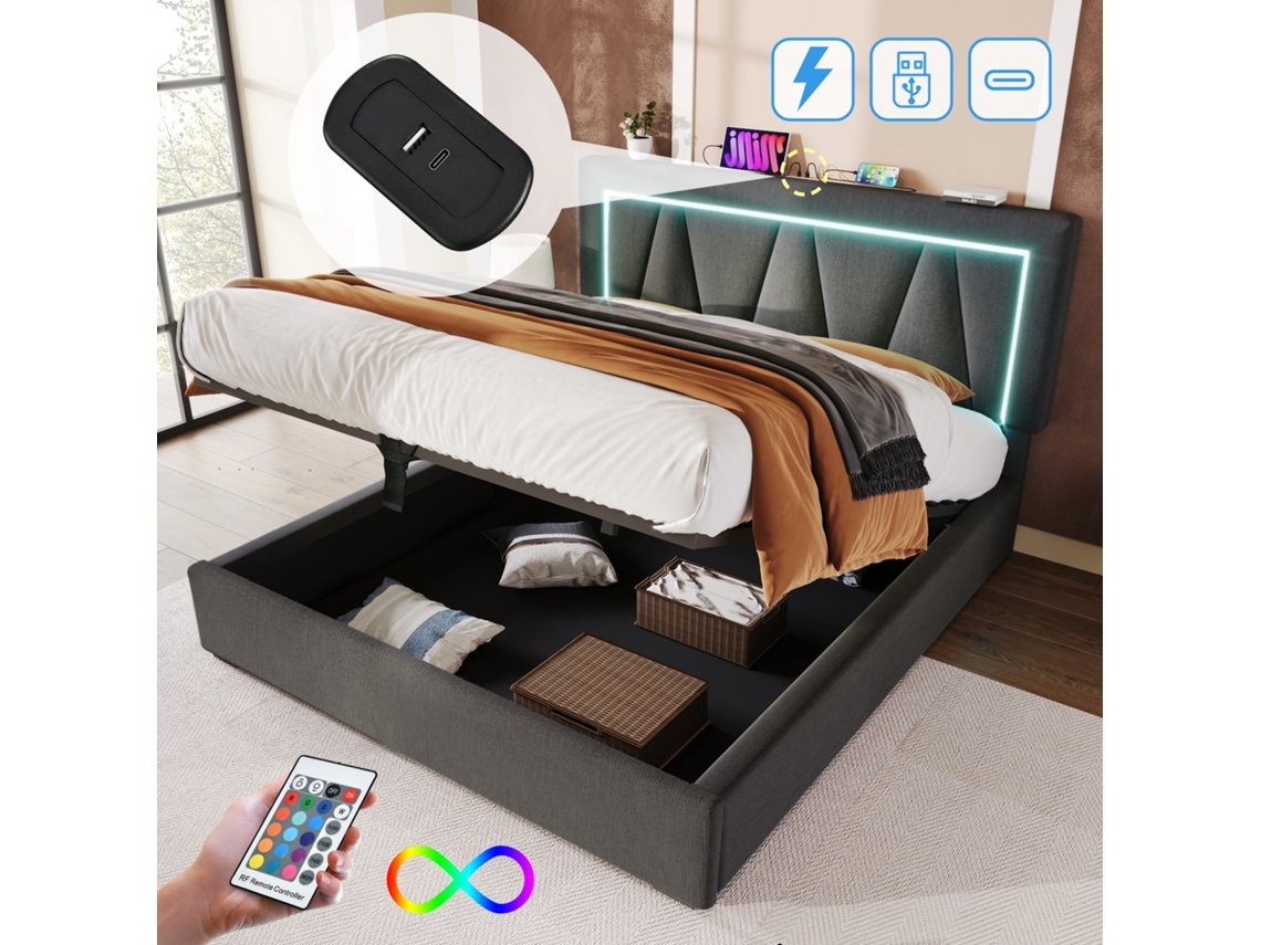 Cama Estofada Led Cama De Casal Com Usb Tipo C E Led, Camas De Armazenamento Estrutura Cama 160x200, Com Colchão