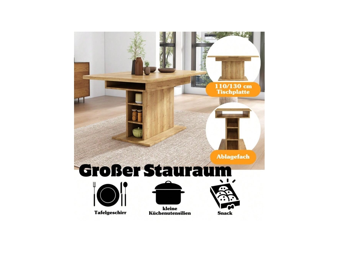 Mesa Com Arrumação Extensível 110/130x70x75cm, Mesa Jantar Branca Natural Com Estrutura Metálica Hvorstur