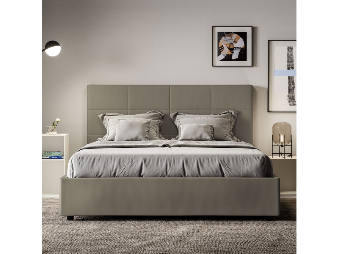 Cama de Casal Queen Size com Arrumação Estofada MikaITYHOME (160 x 210 cm - Painéis de Melamina e Couro Sintético)