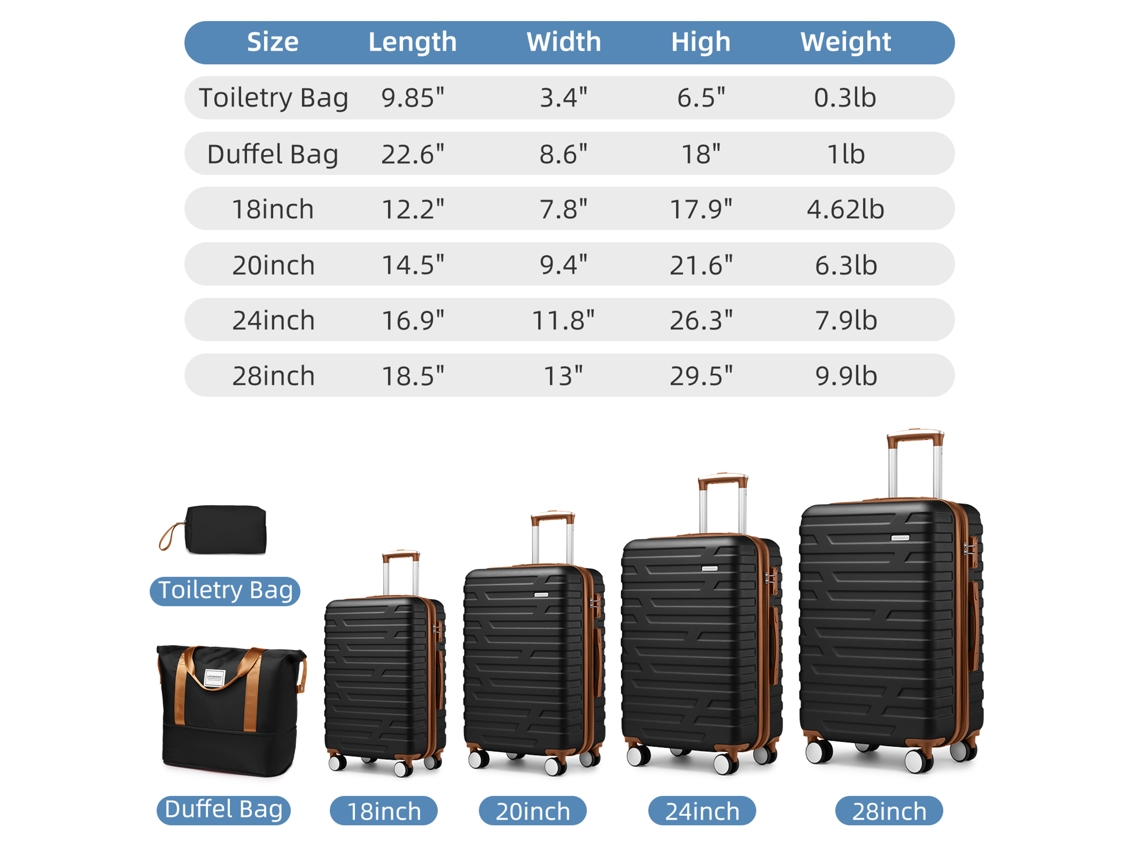 Conjunto De Malas De Viagem De 6 Peças Com Bolsas De Viagem, Malas Rígidas Expansíveis Com Rodas Giratórias, Pretas