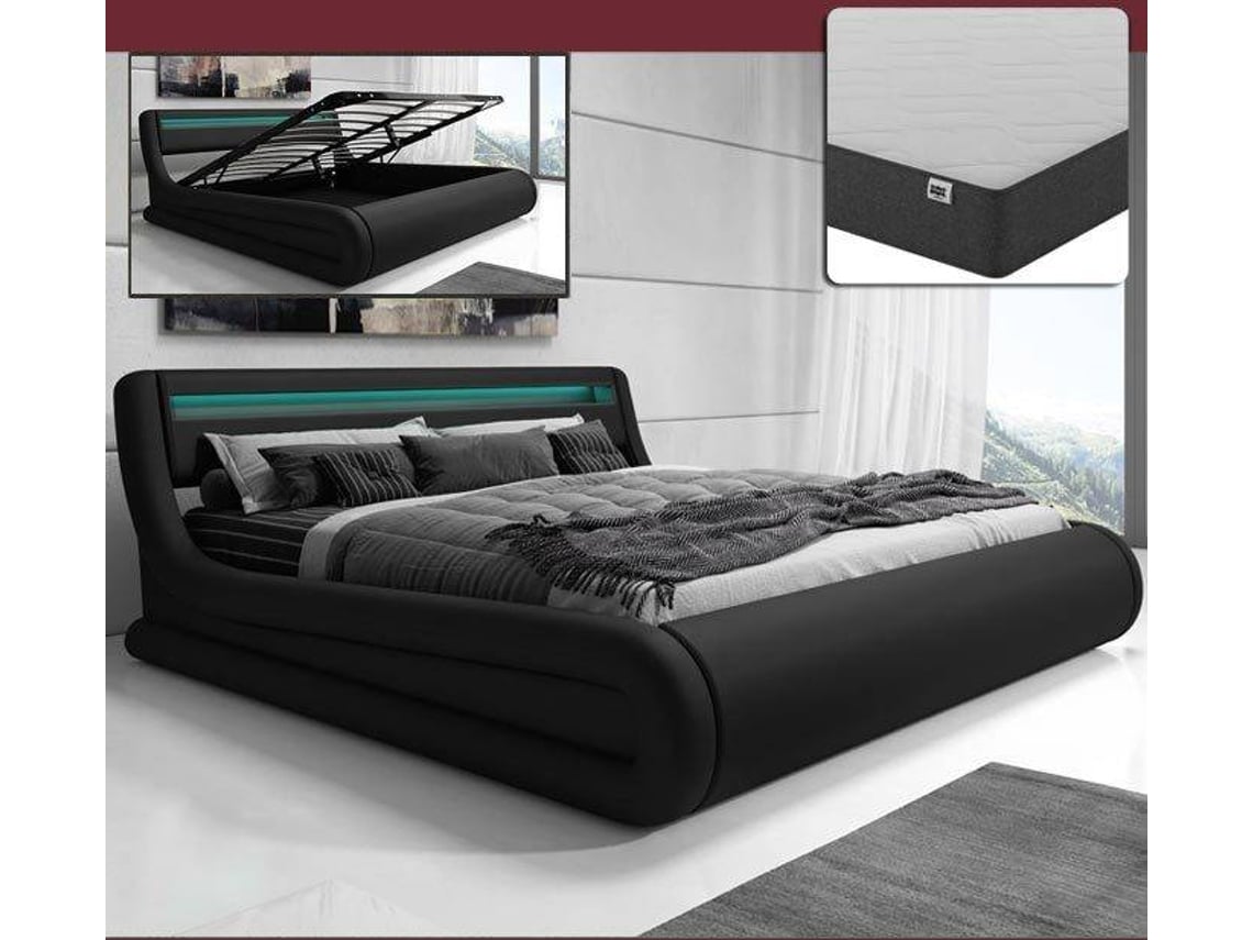 Cama com Colchão Rodas MÓVEIS BONITOS (Preto - LED - Polipele - Colchão 160x200cm - com Estrado Elevatório))