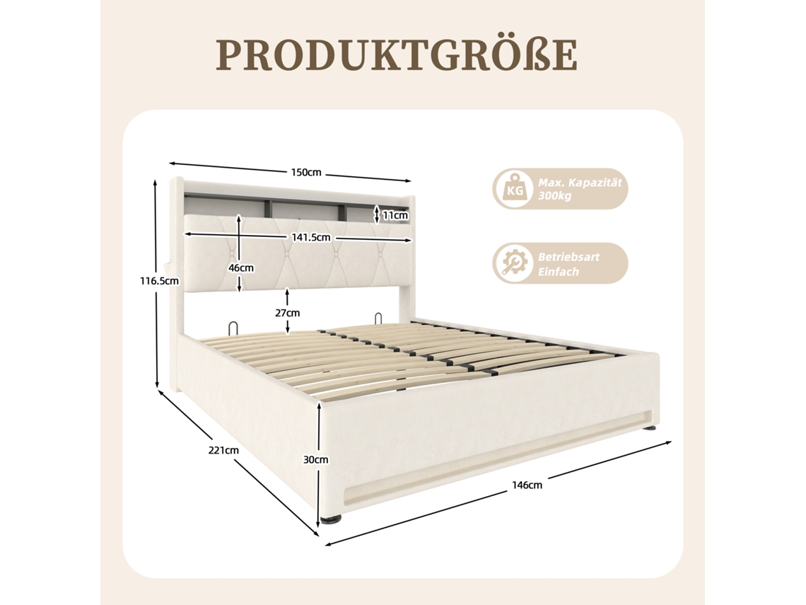 Cama Estofada Com Led, Usb Tipo-c, Cabeceira Com Armazenamento, Estrutura Hidráulica, Bege, Sem Colchão (140x200cm)