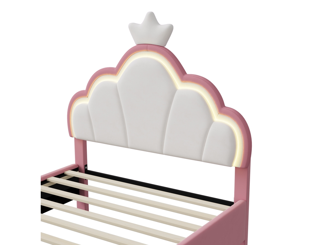 Cama Estofada 90 X 200 Cm, Estrutura De Cama De Solteiro, Com Luzes Led, Design De Coroa, Rosa Rosahqnda