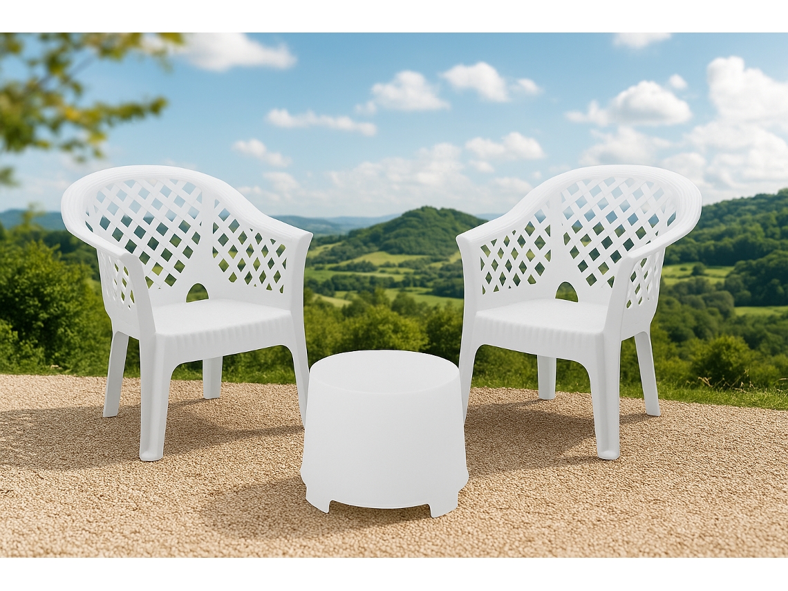 Conjunto de Assentos com 2 Poltronas e 1 Mesa Lateral (Branco)